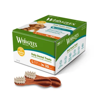 Whimzees Wellness Daily Dental Treats, 30 Stück, Grösse L für Hunde von 18-27 kg. Hergestellt aus natürlichen Zutaten, unterstützt Zahnpflege und frischen Atem.