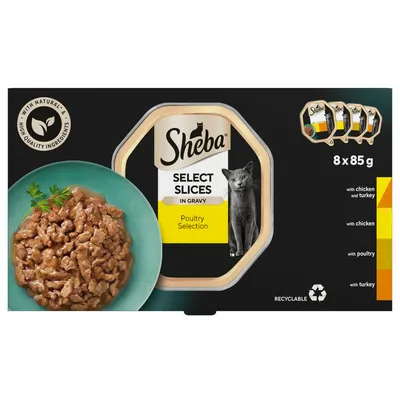 Sheba Select Slices in Gravy Poultry Selection, 8 x 85g packs with chicken and turkey, chicken, poultry, and turkey. Recyclable packaging. Contains natural and high quality ingredients.