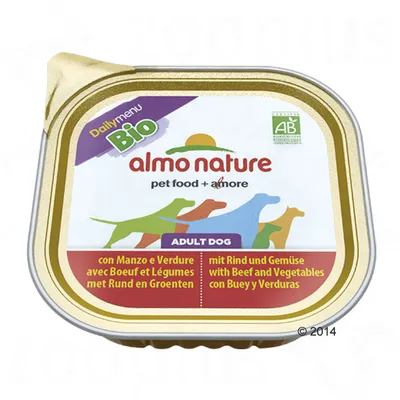 almo nature Daily menu Bio, ADULT DOG, pet food + amore, mit Rind und Gemüse, AB certifikat. Embalaža mokre hrane za pse z govedino in zelenjavo. Večjezično besedilo.