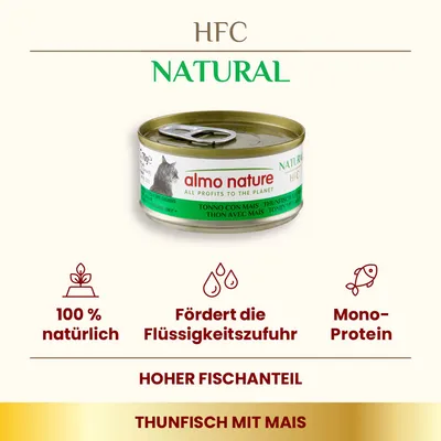 Almo Nature HFC Natural Thunfisch mit Mais. 100% natürlich, fördert die Flüssigkeitszufuhr, Mono-Protein, hoher Fischanteil.