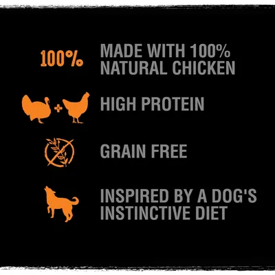 Made with 100% natural chicken, high protein, grain free, inspired by a dog's instinctive diet.