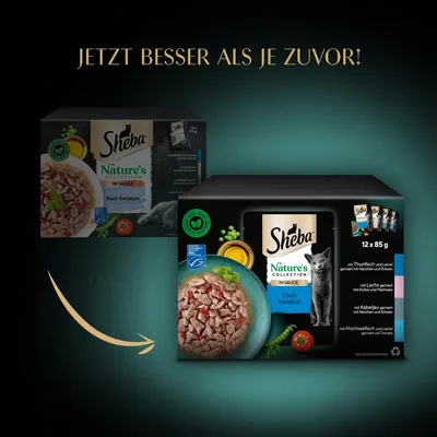 Sheba Nature's Collection in Sauce Fish Variation, 12 x 85 g. Texte en allemand : JETZT BESSER ALS JE ZUVOR! Emballage avec photo de chat et morceaux de poisson en sauce.