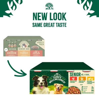 Image showing packaging change for senior dog food variety pack, highlighting new look with same great taste. Includes chicken, turkey, and lamb & chicken with rice and vegetables.