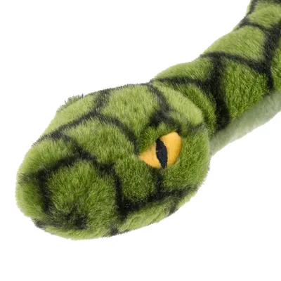 Green plush toy in snake shape with yellow eyes and black pattern.