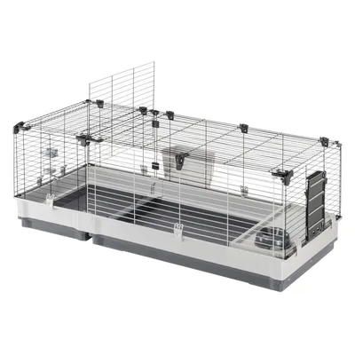 Small animal cage with metal grid walls, plastic base, feeding station and water bottle. Side door and removable top cover visible.