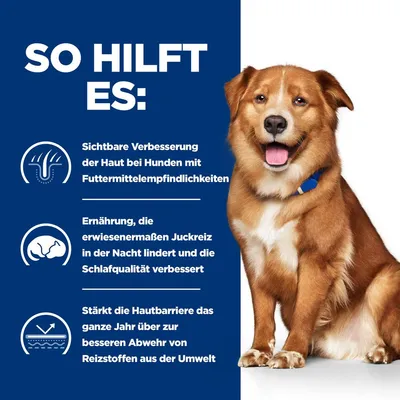 So hilft es: Sichtbare Verbesserung der Haut bei Hunden mit Futtermittelunverträglichkeiten. Ernährung lindert Juckreiz und verbessert Schlafqualität. Stärkt Hautbarriere gegen Umweltreizstoffe.
