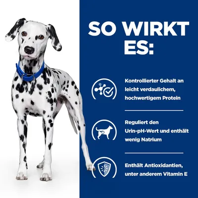 So wirkt es: Kontrollierter Gehalt an leicht verdaulichem, hochwertigem Protein. Reguliert den Urin-pH-Wert und enthält wenig Natrium. Enthält Antioxidantien, unter anderem Vitamin E.