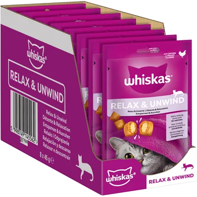 Whiskas Relax & Unwind kissanherkut, 8 x 45 g pakkauksessa. Pakkauksessa näkyy teksti: Relax & Unwind, with chicken, with a relaxing amino acid for calmness.