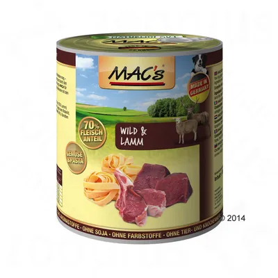 MAC's Wild & Lamm våtfoderburk, 70 % köttandel, grönsaker och pasta, Made in Germany, utan soja, färgämnen eller aromämnen. Synliga bilder på kött, pasta, hjort och får.