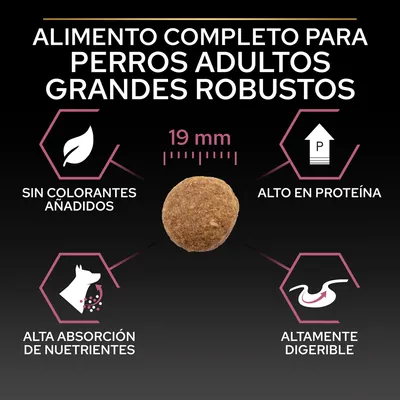 Alimento completo para perros adultos grandes robustos. Croqueta de 19 mm. Sin colorantes añadidos, alto en proteína, alta absorción de nutrientes, altamente digerible.