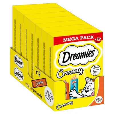 Dreamies Creamy mega pack, 12 units, no added sugar, total weight 840g. Packaging shows two types of creamy treats with six pieces each.
