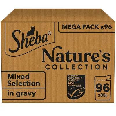 Sheba Nature's Collection Mega Pack, mixed selection in gravy, certified sustainable seafood MSC, contains 96 pouches of 85g each.