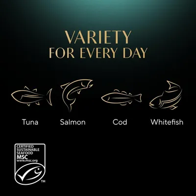 Variety for every day: tuna, salmon, cod and whitefish. Certified sustainable seafood MSC.