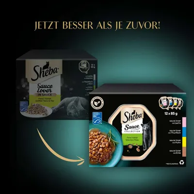 Comparaison de deux emballages Sheba Sauce Lover/Sauce Collection 12 x 85 g, avec texte allemand « Jetzt besser als je zuvor! » et flèche indiquant le nouvel emballage à droite.