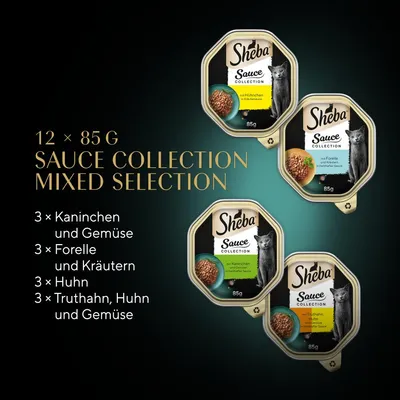 Sheba Sauce Collection Mixed Selection 12 x 85 g, assortiment : 3 x lapin et légumes, 3 x truite et herbes, 3 x poulet, 3 x dinde, poulet et légumes. Texte en allemand.