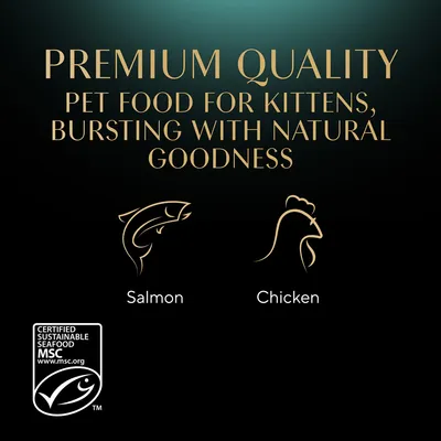 Texto em inglês: Premium quality pet food for kittens, bursting with natural goodness. Salmon. Chicken. Selo Certified Sustainable Seafood MSC www.msc.org.