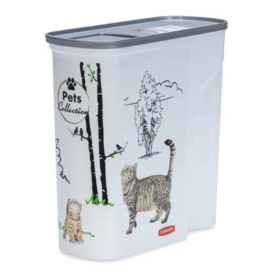 Curver foderbehållare med kattmotiv, Pets Collection Design, vit med grått lock.