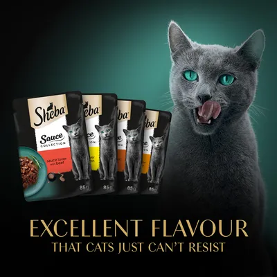 Sheba Sauce Collection macskaeledel tasakok, 85 g, sauce lover with beef. EXCELLENT FLAVOUR THAT CATS JUST CAN’T RESIST felirat angolul.