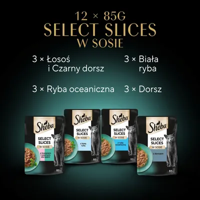 Sheba Select Slices w sosie, 12 x 85g: 3x łosoś i czarny dorsz, 3x białoryb, 3x ryba oceaniczna, 3x dorsz. Cztery saszetki porcjowe przedstawione. Sheba Select Slices w sosie, 12 x 85g: 3x łosoś i czarny dorsz, 3x białoryb, 3x ryba oceaniczna, 3x dorsz. Cztery saszetki porcjowe przedstawione.