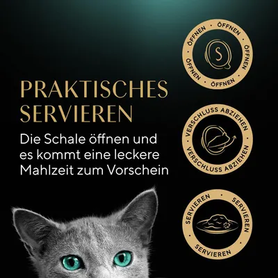 Praktisches Servieren: Die Schale öffnen und es kommt eine leckere Mahlzeit zum Vorschein. Symbole für Öffnen, Verschluss abziehen und Servieren.