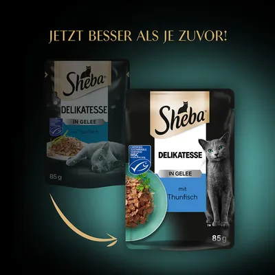 Sheba Delikatesse in Gelee mit Thunfisch, 85g. Zertifiziert nachhaltiger Fischfang MSC. Jetzt besser als je zuvor!