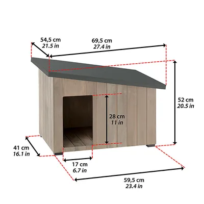 Faház kutyaház méretekkel: magasság 52 cm, szélesség 69,5 cm, mélység 59,5 cm. Bejárat magassága 28 cm, szélessége 17 cm. Tető túlnyúlás elöl 54,5 cm, hátul 41 cm.