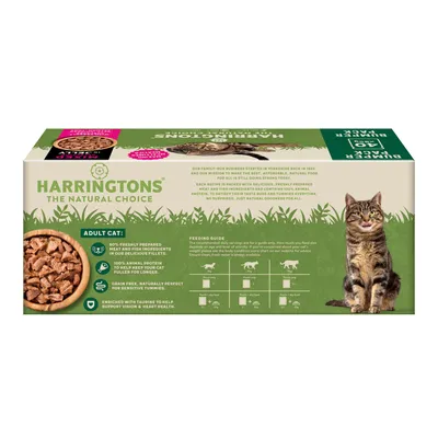 Harringtons adult cat food box showing key features: 80% freshly prepared meat, 100% animal protein, grain free, enriched with taurine. Includes feeding guide for different cat weights.
