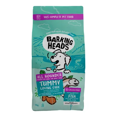 Barking Heads All Hounder Tummy Loving Care, medium size kibble for adult dogs, grain free, with white fish and sweet potato, hypoallergenic, highly digestible, 12kg bag.