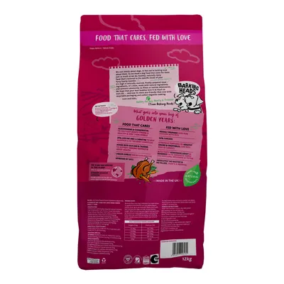 Back of pet food bag showing feeding guide, nutritional information, key features such as glucosamine, chondroitin, and 50% chicken, plus care instructions and contact details.