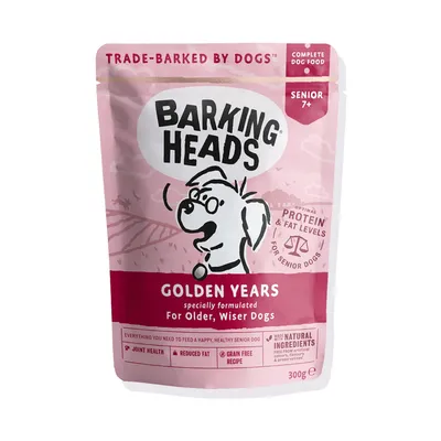 Barking Heads Golden Years complete dog food for senior dogs, with optimal protein and fat levels, joint health, reduced fat, grain free recipe, and natural ingredients. 300g pouch.