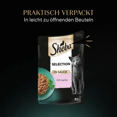 Sheba Selection in Sauce mit Lachs, praktisch verpackt in leicht zu öffnenden Beuteln, 85g.
