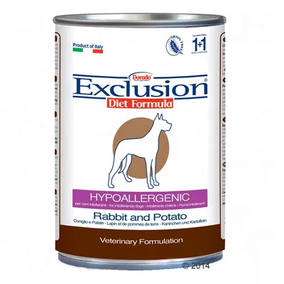 Dorado Exclusion Diet Formula Hypoallergenic Rabbit and Potato vådfoder til hund, tekst: Product of Italy, Grain Free, Veterinary Formulation, 1+1 Protein-Undersorte