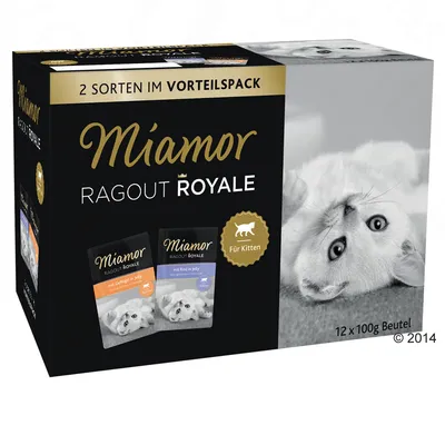 Miamor Ragout Royale -pakkauksessa 12 x 100 g annospussia, kaksi makua. Teksti: 2 Sorten im Vorteilspack, Für Kitten. Kuvassa kissanpentu ja kaksi annospussia.