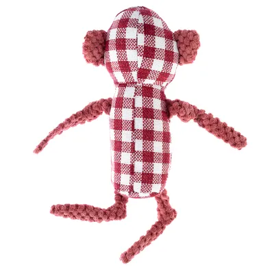 Jouet en forme de singe pour animaux, corps à motif carreaux rouges et blancs, bras, jambes et oreilles en tissu tricoté rose. Aucun texte ou marque visible.