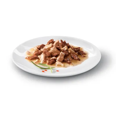 Stukjes natvoer in saus op een wit bord met kruiden als decoratie, productafbeelding ter illustratie van de voerconsistentie. Stukjes natvoer in saus op een wit bord met kruiden als decoratie, productafbeelding ter illustratie van de voerconsistentie.