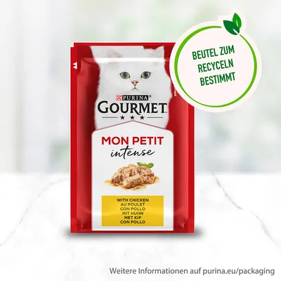 Purina Gourmet Mon Petit Intense med kyckling. Påse avsedd för återvinning. Mer information på purina.eu/packaging.