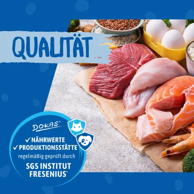 QUALITÄT. DOKAS NÄHRWERTE PRODUKTIONSSTÄTTE regelmäßig geprüft durch SGS INSTITUT FRESENIUS. Texte en allemand, viandes crues, poisson, œufs et croquettes visibles.