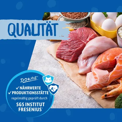 Qualitätssiegel von Dokas: Nährwerte und Produktionsstätte regelmässig geprüft durch SGS Institut Fresenius. Abgebildet sind Fleisch, Fisch, Eier und Zutaten.