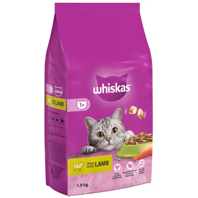 Whiskas dry food with lamb, 1.9kg pack, for cats aged 1+, 100% complete and balanced, no added artificial colours or flavours, natural source of fibre.