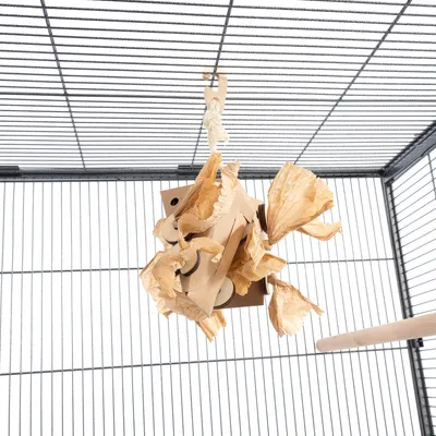 Jouet suspendu en carton et papier pour cage, accroché à la grille supérieure par un crochet, avec éléments froissés visibles. Perchoir en bois dans la cage.
