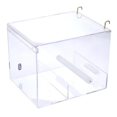 Transparent box made of plexiglass with two gold hooks on top and a white rod inside. Suitable for hanging or display.
