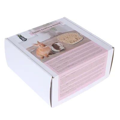 Balení Tiaki Sniffing Board s obrázkem králíka a morčete vedle čichacího prkna. Obsahuje popis produktu a pokyny k použití.