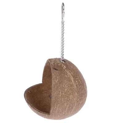 Halv kokosnøddeskal med metalkæde og krog til ophængning, egnet som tilbehør eller dekoration.