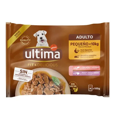 Ultima Fit & Delicious for small dogs <10kg, easily digestible, without colourants or preservatives, varieties: salmon with herbs and turkey with green beans, 4x100g in sauce.