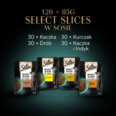 Sheba Select Slices w sosie, 120 x 85 g. Warianty: 30 x kaczka, 30 x drób, 30 x kurczak, 30 x kaczka i indyk. Cztery przedstawione saszetki porcjowe. Sheba Select Slices w sosie, 120 x 85 g. Warianty: 30 x kaczka, 30 x drób, 30 x kurczak, 30 x kaczka i indyk. Cztery przedstawione saszetki porcjowe.