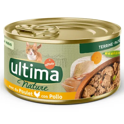 Ultima Nature terrina z kurczakiem, puszka z ilustracją składników: kawałki mięsa, marchew, groszek. Logo Affinity widoczne.