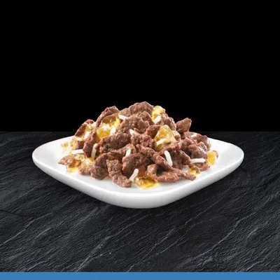Närbild av serverad våtmat med köttbitar, ris och sås på en vit tallrik.