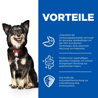 Vorteile: Unterstützt Verdauungsgesundheit mit Hill’s ActivBiome+ Technologie. Fördert gesunden Kotabsatz. Kraftvolle Antioxidantienmischung zur Unterstützung des Immunsystems.