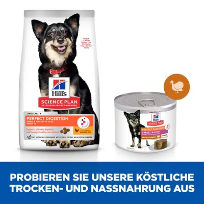 Hill's Science Plan Perfect Digestion Trocken- und Nassnahrung für kleine Hunde bis 10 kg. Mit Huhn, braunem Reis und Truthahn. Unterstützt Verdauung und Mikrobiom.