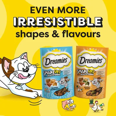 Dreamies Shake Ups with multivitamins in Seafood Celebration and Rockin' Roost flavours. Text: Even more irresistible shapes and flavours.